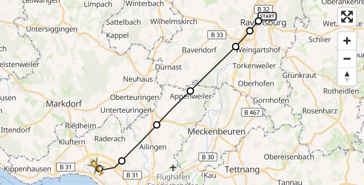 Flugroute Rettungshubschrauber Sankt Elisabeth Hospital - Friedrichshafen Hospital, 13 März 2026, 15:51