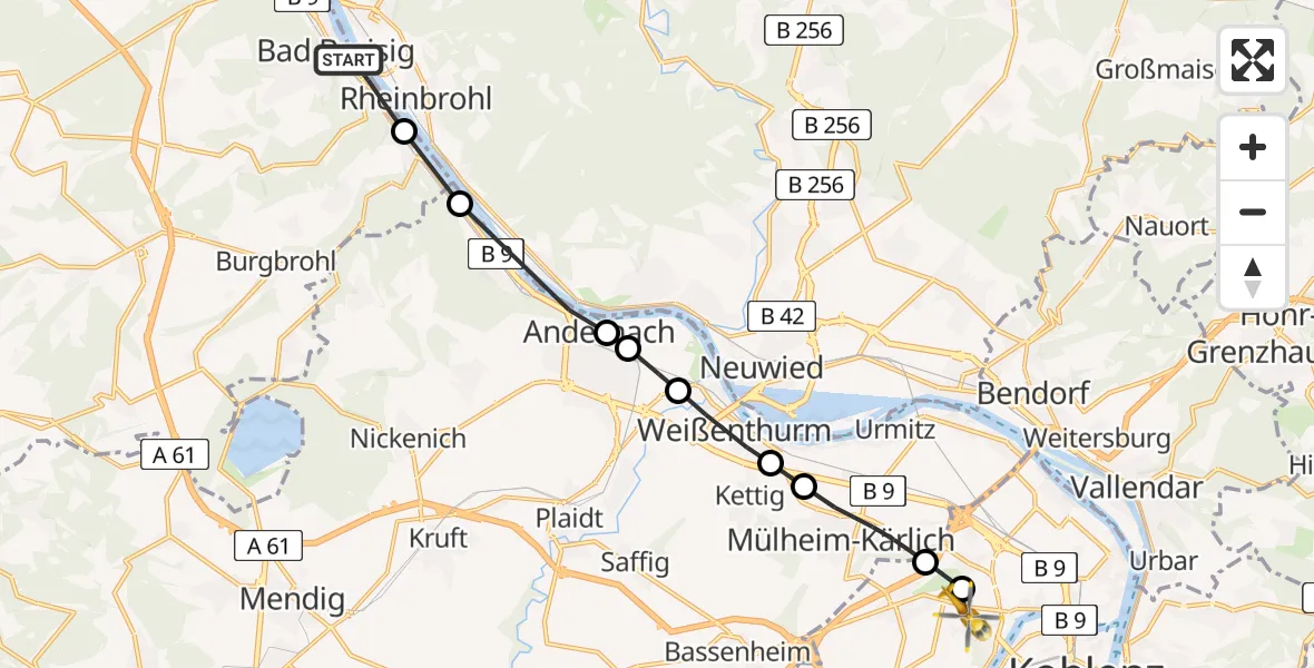 Flugroute Rettungshubschrauber Bad Breisig - Koblenz, 13 März 2026, 15:57