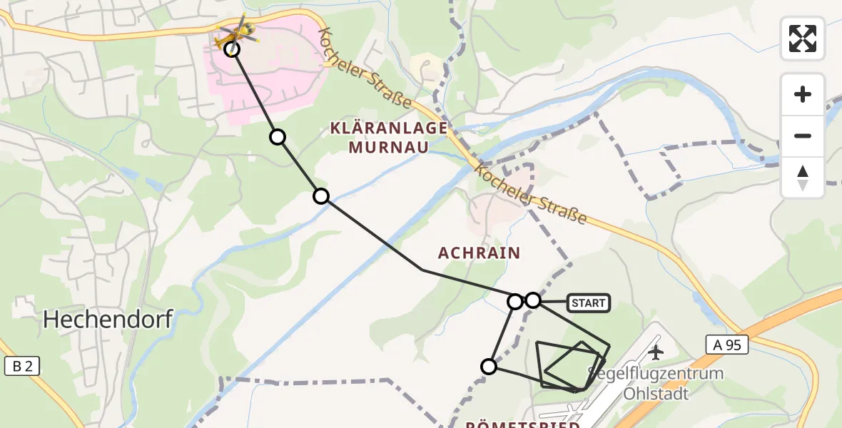 Flugroute Rettungshubschrauber Ohlstadt Airfield - Murnau Accident Hospital, 13 März 2026, 15:57