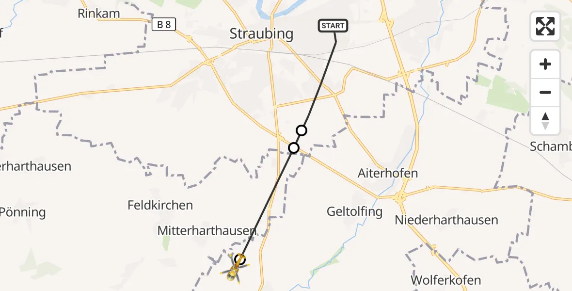 Flugroute Rettungshubschrauber Straubing - Salching, 13 März 2026, 16:03