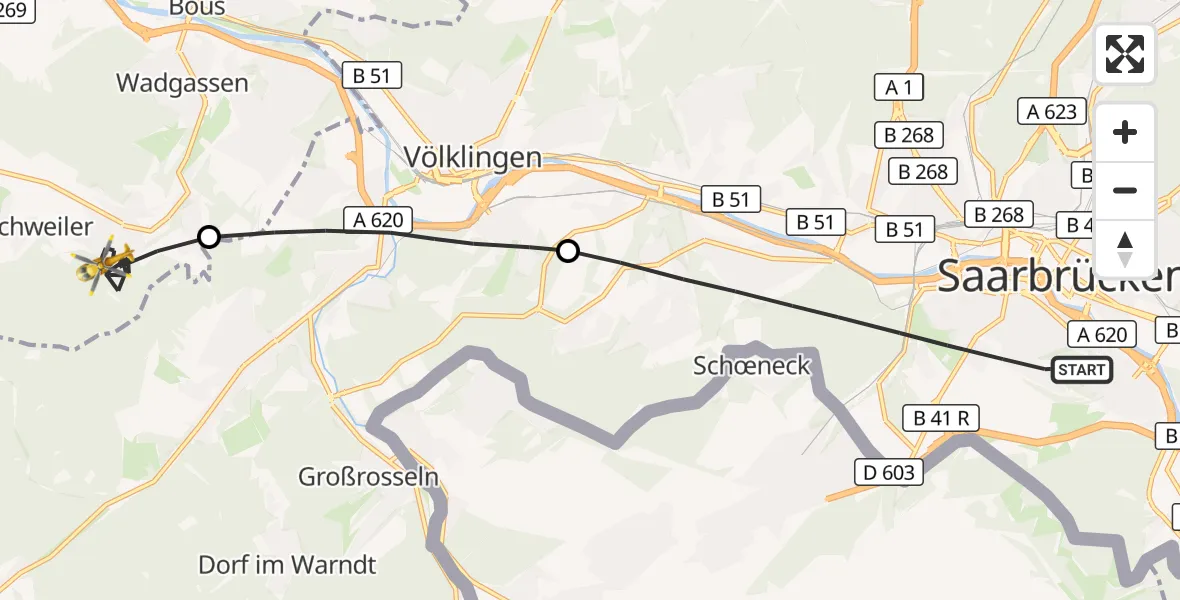 Flugroute Rettungshubschrauber Saarbrücken - Wadgassen, 13 März 2026, 16:05