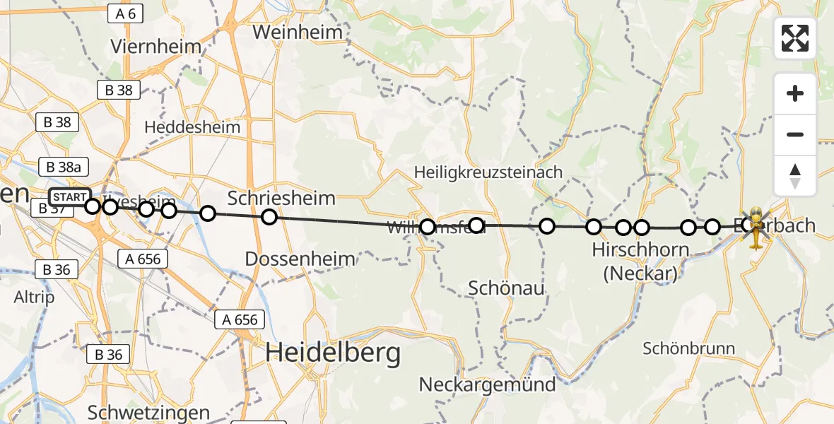 Flugroute Rettungshubschrauber Mannheim-City Airport - Eberbach, 13 März 2026, 16:18