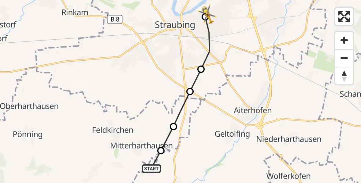 Flugroute Rettungshubschrauber Mitterharthausen - Sankt Elisabeth Hospital Straubing, 13 März 2026, 16:19