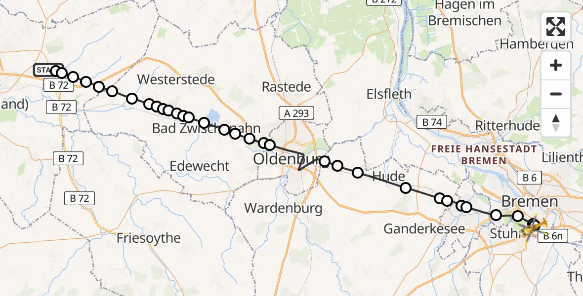 Routekaart van de vlucht: Rettungshubschrauber nach ADAC Air Rescue Station Bremen Heliport (Christoph 6)