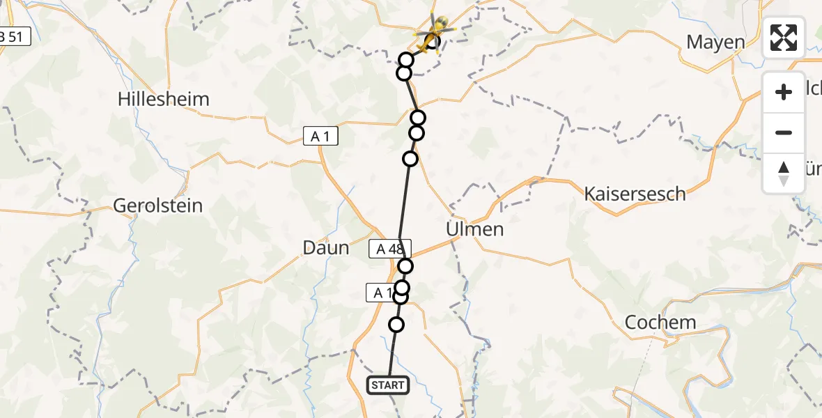 Flugroute Ambulanzhubschrauber Gillenfeld - Nürburgring Heliport, 13 März 2026, 16:34