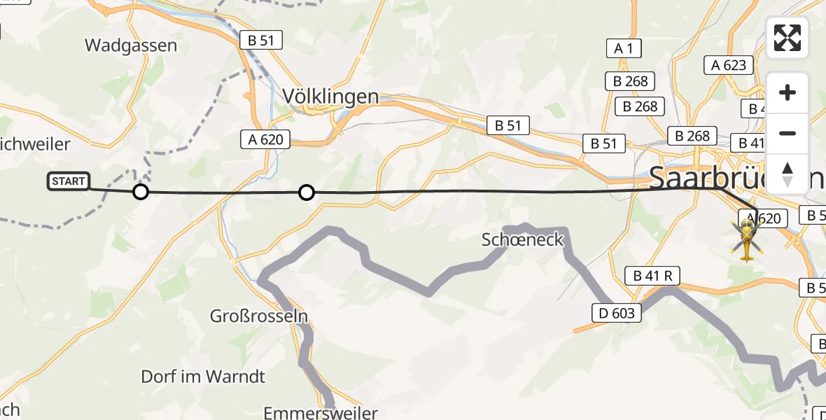 Flugroute Rettungshubschrauber Wadgassen - Saarbrücken, 13 März 2026, 16:47