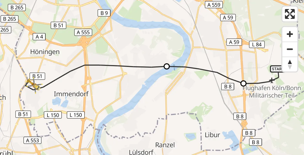 Flugroute Rettungshubschrauber Cologne Bonn Airport - Rodenkirchen, 13 März 2026, 16:47