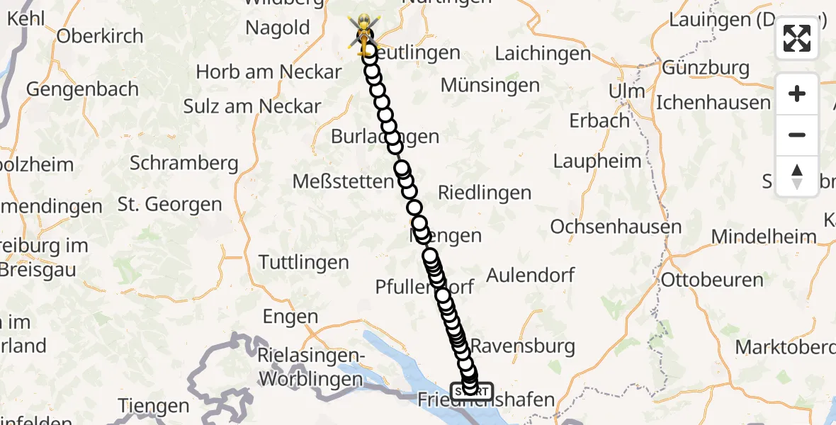 Routekaart van de vlucht: Rettungshubschrauber nach Tübingen University Hospital