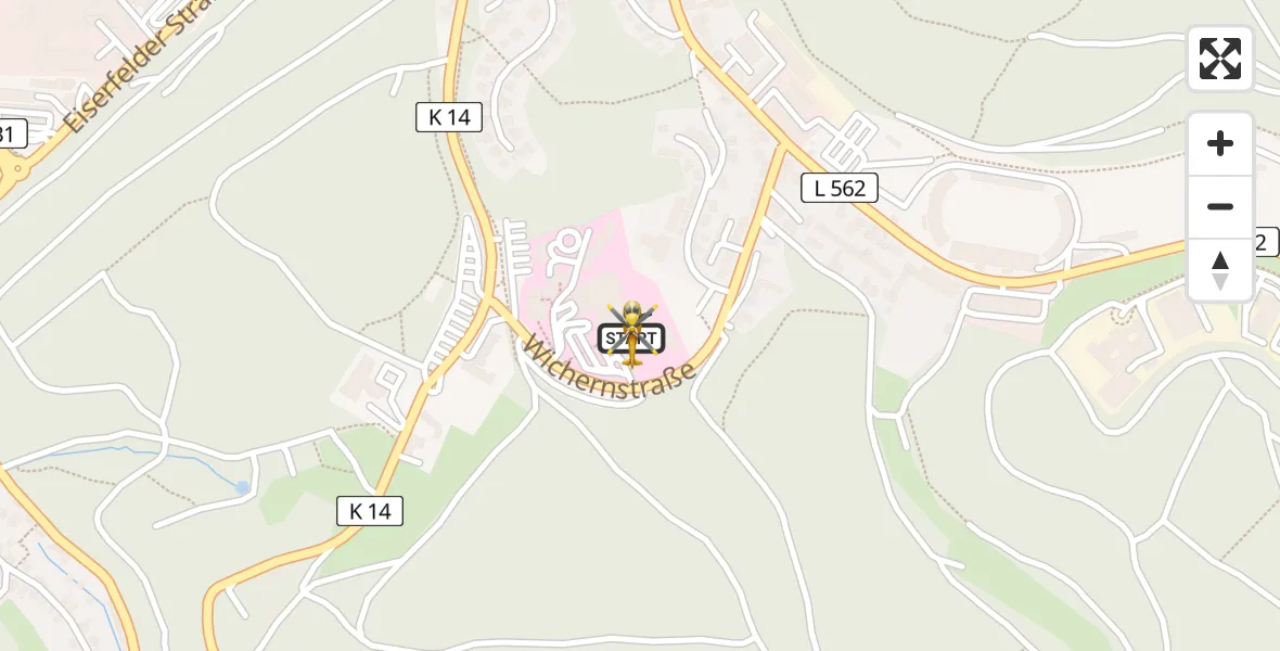 Flugroute Rettungshubschrauber Evangelisches Jung-Stilling Hospital - Evangelisches Jung-Stilling Hospital, 13 März 2026, 17:08