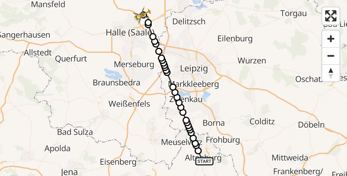 Flugroute Ambulanzhubschrauber Altenburg - Halle-Oppin Airfield, 13 März 2026, 17:15
