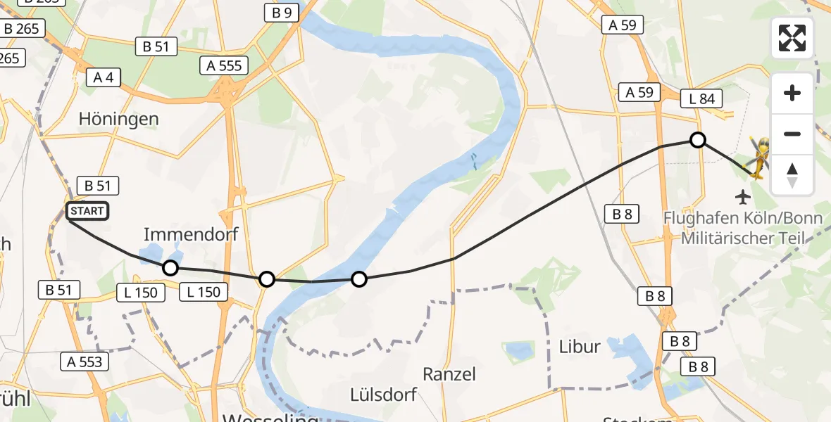 Flugroute Rettungshubschrauber Rodenkirchen - Cologne Bonn Airport, 13 März 2026, 17:22