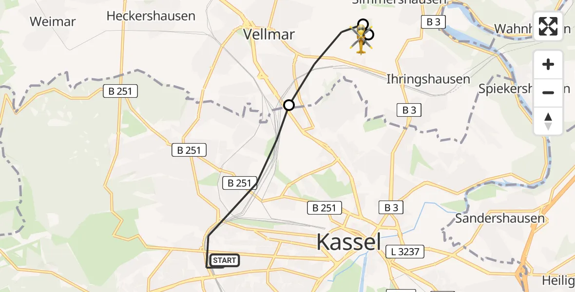 Flugroute Rettungshubschrauber Kassel - Fuldatal Federal Police Heliport, 13 März 2026, 17:23