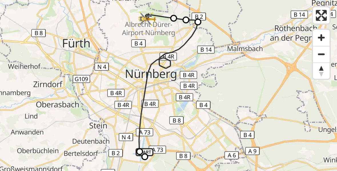 Flugroute Rettungshubschrauber Nürnberg - Nuremberg Airport, 13 März 2026, 17:31