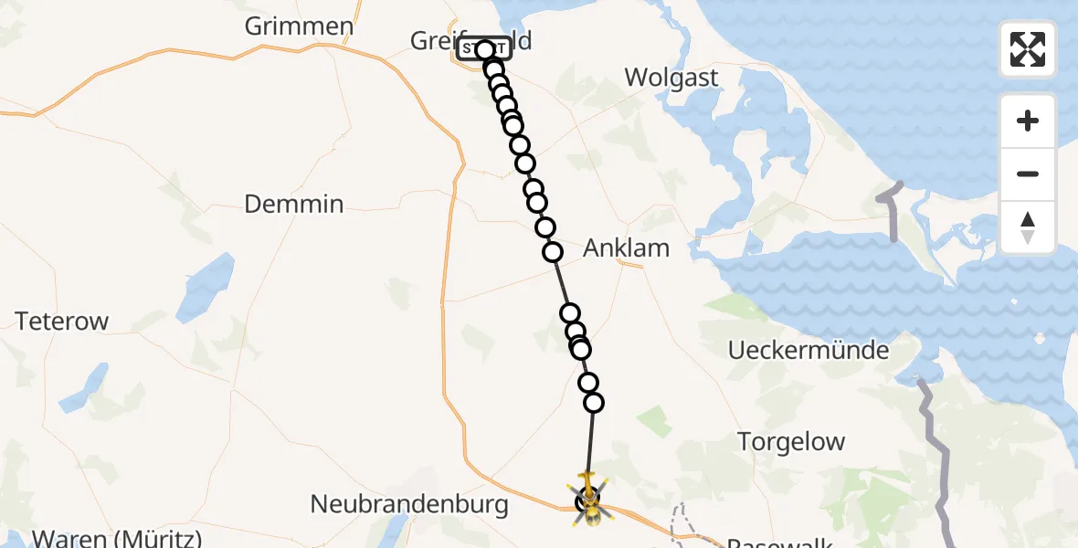 Flugroute Ambulanzhubschrauber Greifswald Hospital - Rattey, 13 März 2026, 17:39