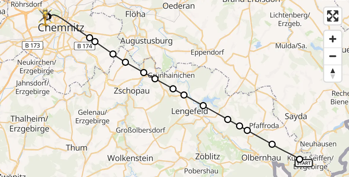 Flugroute Rettungshubschrauber Seiffen/Erzgebirge - Flemmingstraße Hospital Rooftop, 13 März 2026, 17:41