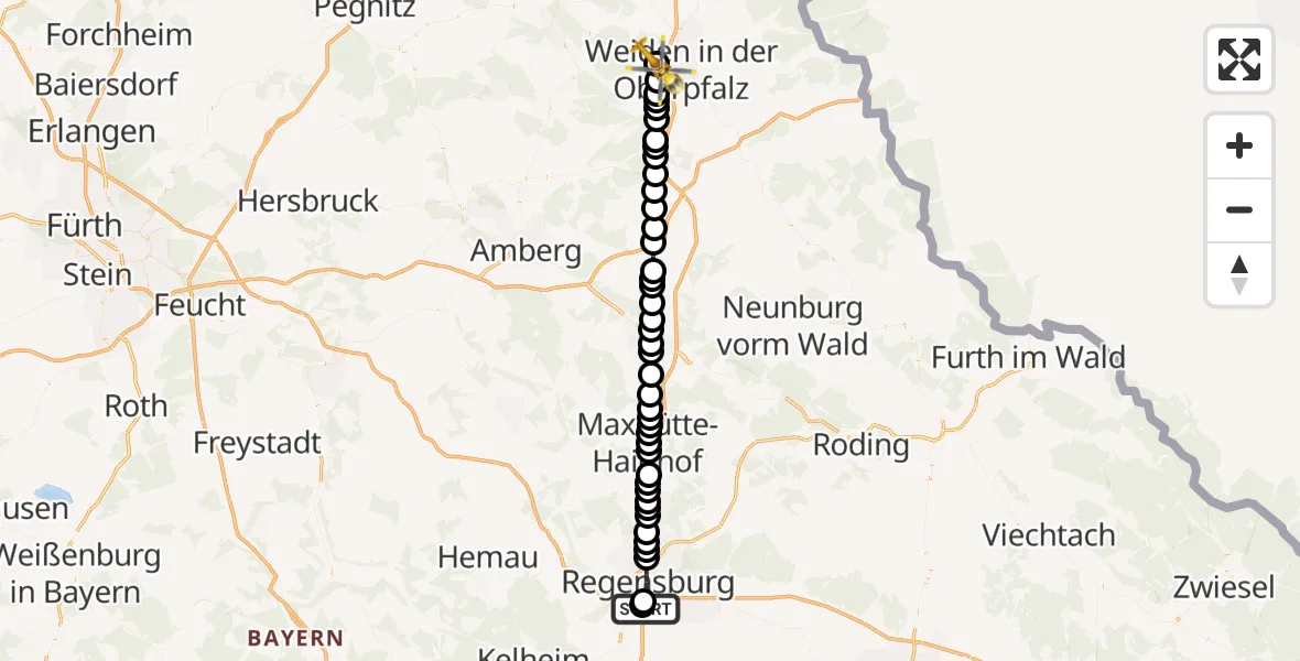 Routekaart van de vlucht: Rettungshubschrauber nach Weiden in der Oberpfalz Airfield