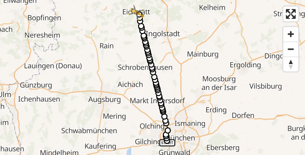 Flugroute Ambulanzhubschrauber DRF Air Rescue München Heliport - Eichstätt, 13 März 2026, 17:55
