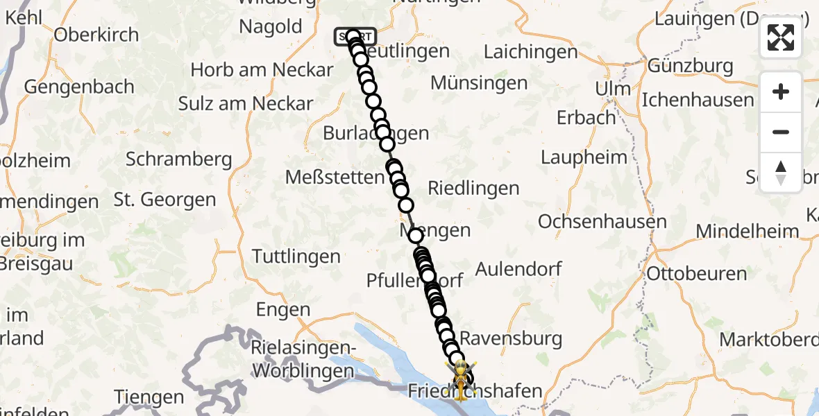 Flugroute Rettungshubschrauber Tübingen University Hospital - Friedrichshafen Hospital, 13 März 2026, 18:07
