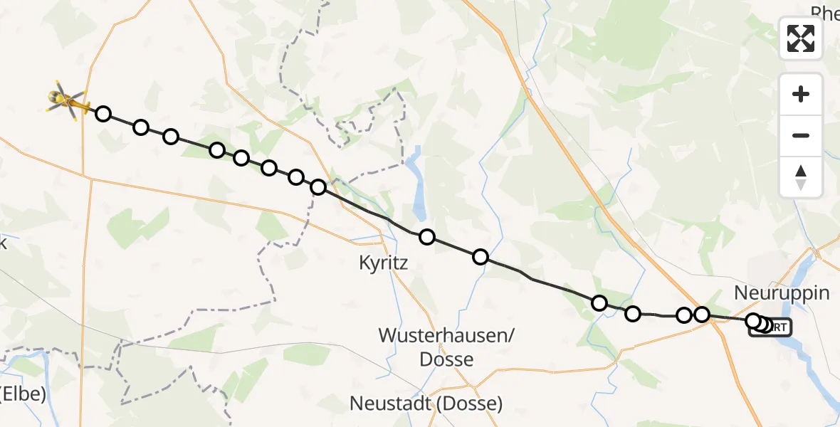 Flugroute Rettungshubschrauber Rupin Hospital - Plattenburg, 13 März 2026, 18:10