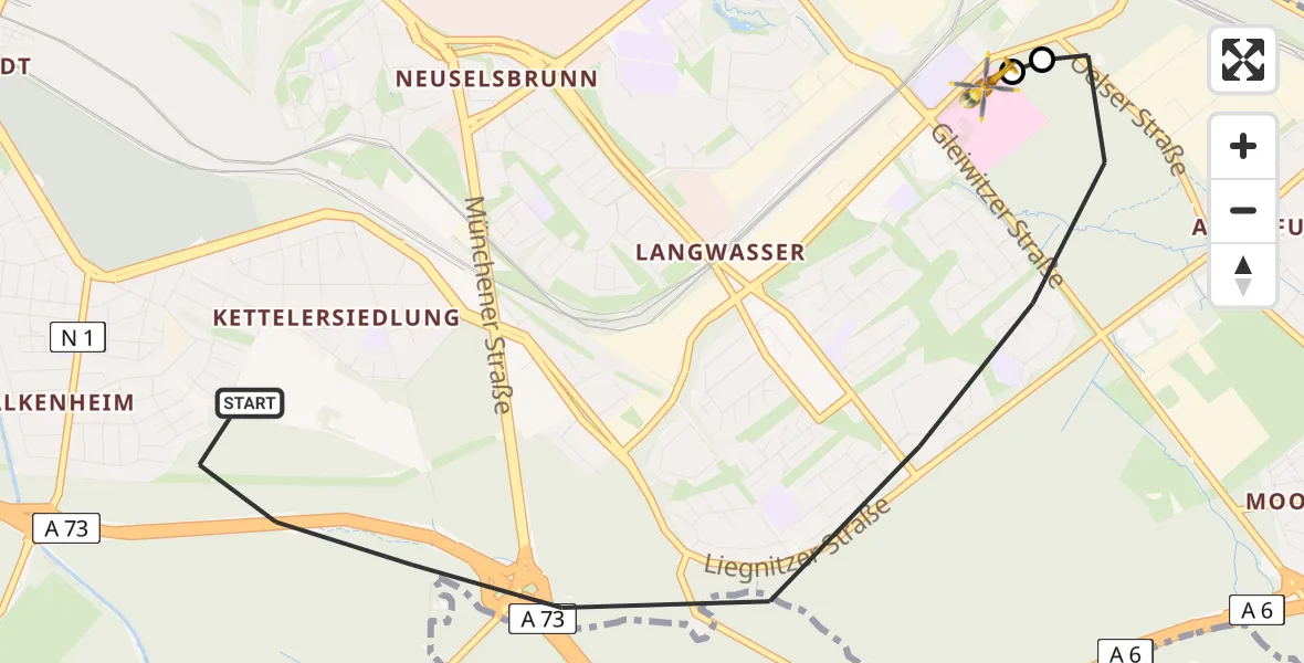 Flugroute Ambulanzhubschrauber Nürnberg - Nürnberg South Hospital, 13 März 2026, 19:19
