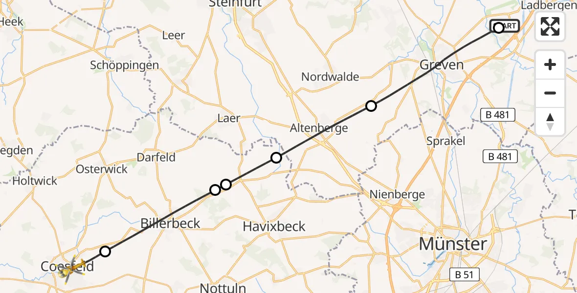 Flugroute Ambulanzhubschrauber Christoph  Westfalen-ADAC - Coesfeld, 13 März 2026, 19:23