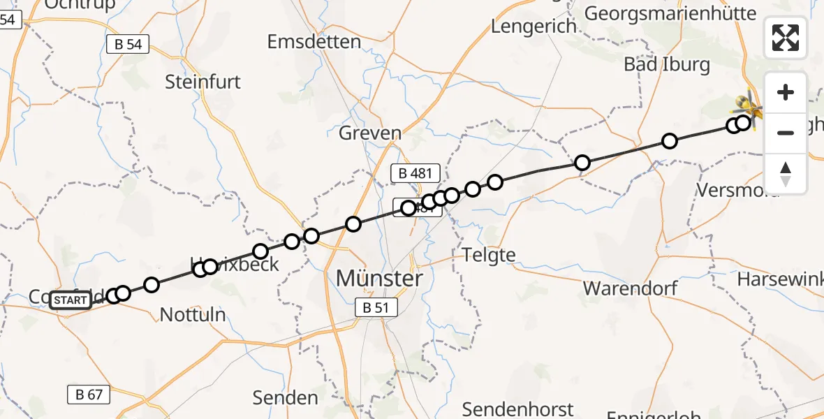 Flugroute Ambulanzhubschrauber Coesfeld - Bad Rothenfelde, 13 März 2026, 20:19