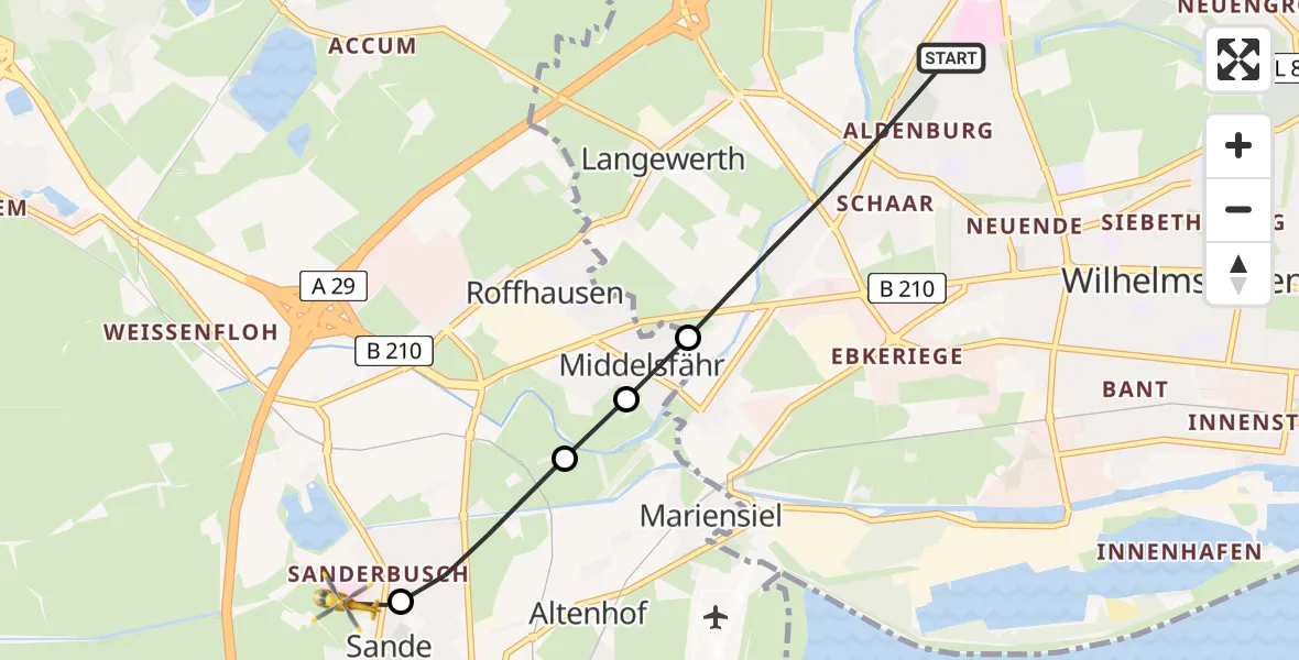 Flugroute Rettungshubschrauber Wilhelmshaven - Sande, 13 März 2026, 20:28