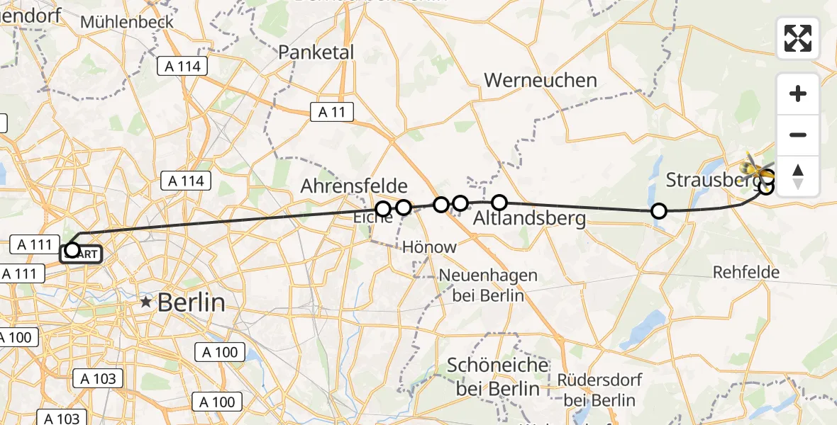 Flugroute Ambulanzhubschrauber Charité Clinic Virchow Campus - Strausberg, 13 März 2026, 21:30