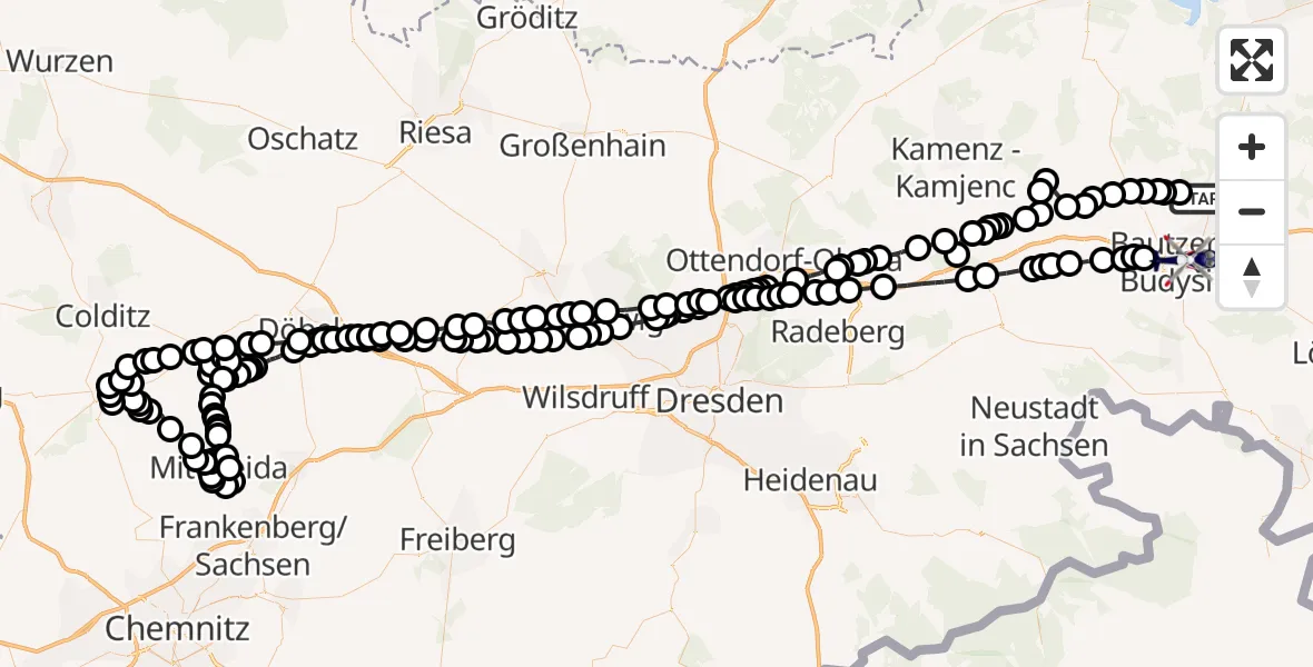 Flugroute Polizeihubschrauber Quatitz - Bautzen, 13 März 2026, 22:07