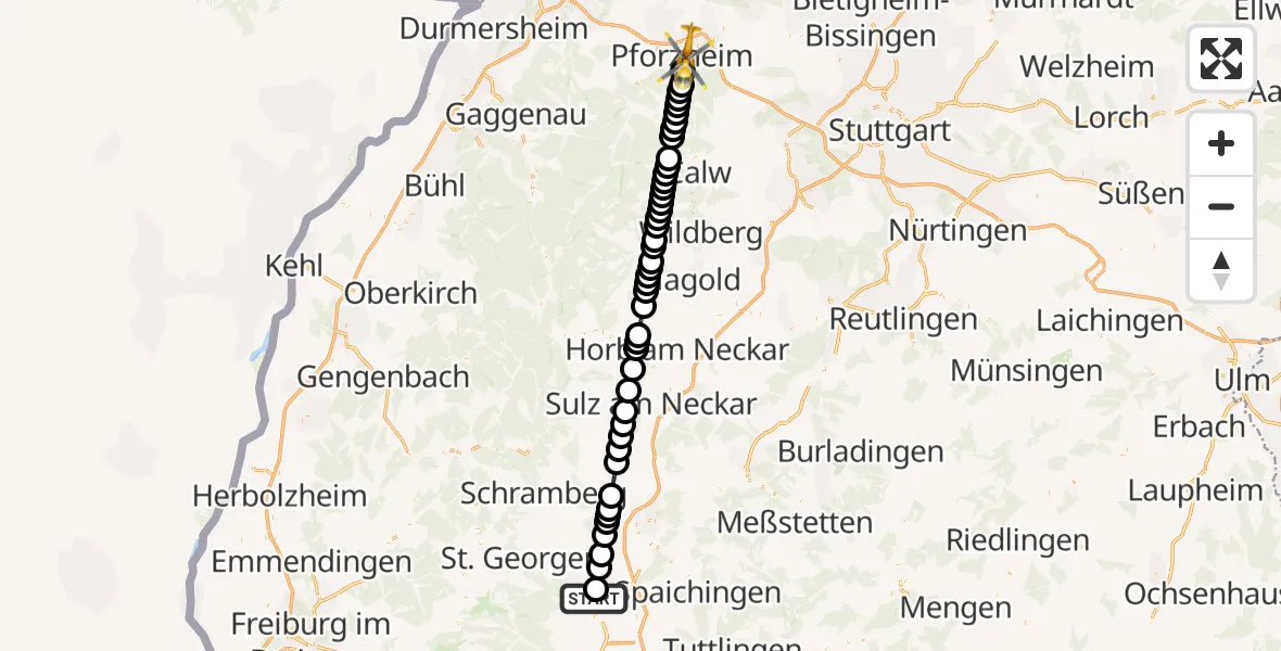 Flugroute Rettungshubschrauber DRF Air Rescue Station Villingen-Schwenningen Heliport (Christoph 11) - Pforzheim, 14 März 2026, 00:24