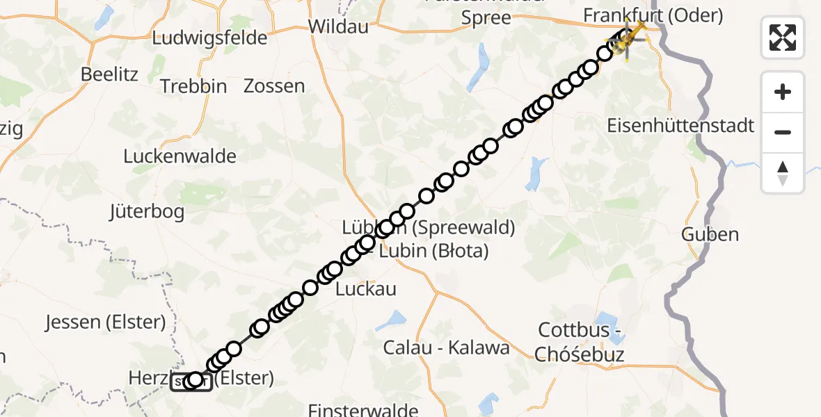 Flugroute Ambulanzhubschrauber Elbe-Elster Hospital Herzberg - Frankfurt (Oder), 14 März 2026, 01:22