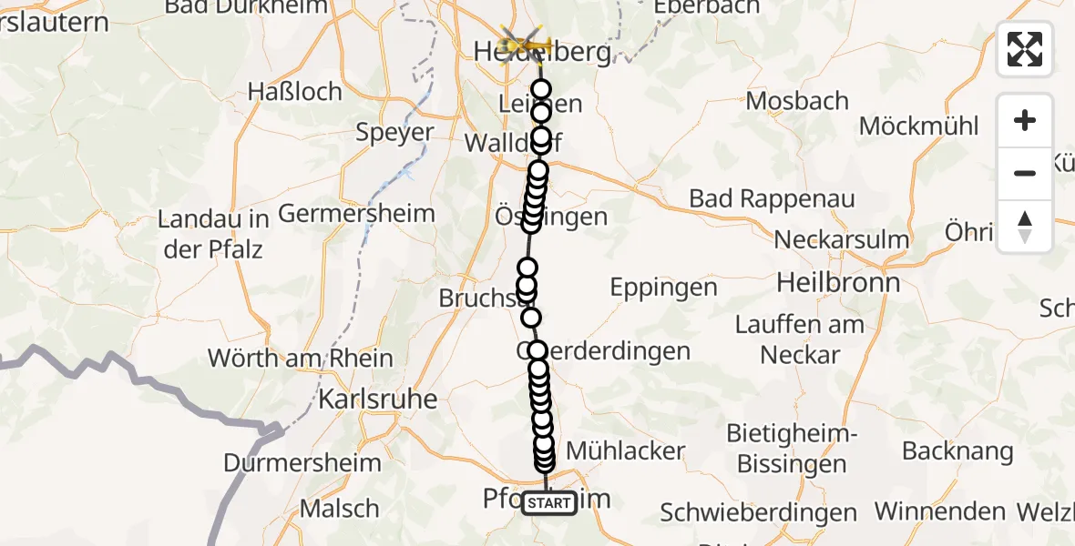 Flugroute Rettungshubschrauber Pforzheim - Heidelberg, 14 März 2026, 01:37
