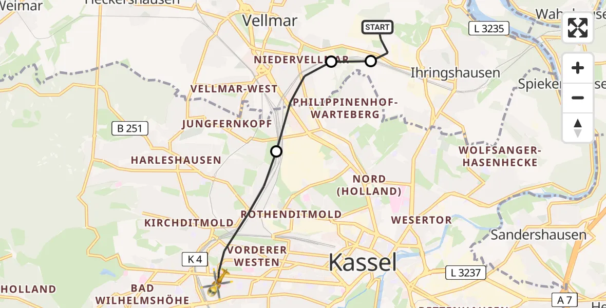 Routekaart van de vlucht: Rettungshubschrauber nach Kassel, Hansteinstraße