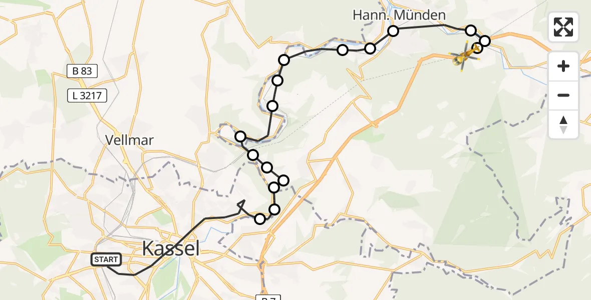 Flugroute Rettungshubschrauber Kassel - Laubach, 14 März 2026, 06:43