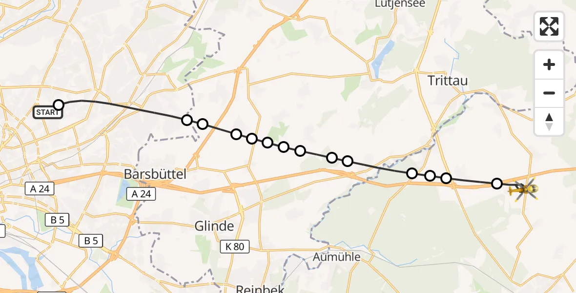 Flugroute Rettungshubschrauber Hamburg Military Hospital - Möhnsen, 14 März 2026, 06:56