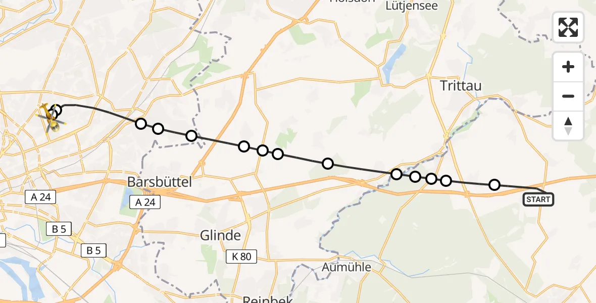 Flugroute Rettungshubschrauber Möhnsen - Hamburg Military Hospital, 14 März 2026, 07:16