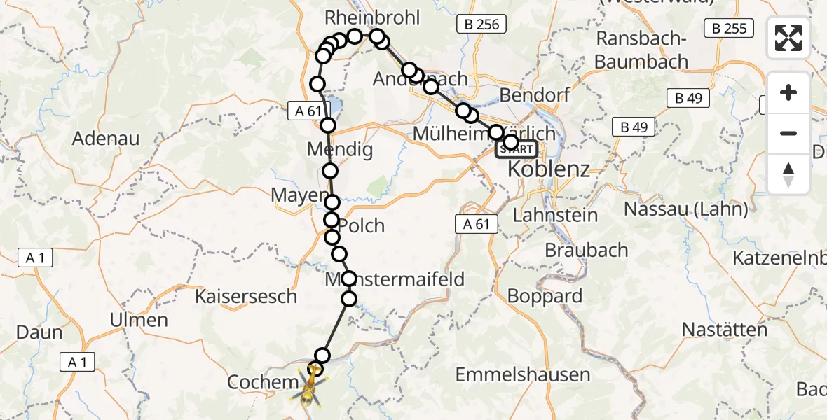 Flugroute Rettungshubschrauber Koblenz - Bruttig-Fankel, 14 März 2026, 07:19
