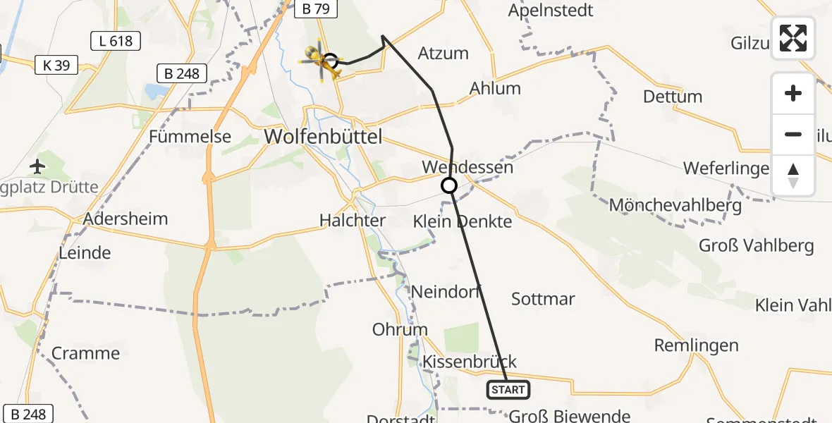 Flugroute Rettungshubschrauber Groß Biewende - Wolfenbüttel Municipal Hospital Heliport (Christoph 30), 14 März 2026, 07:27