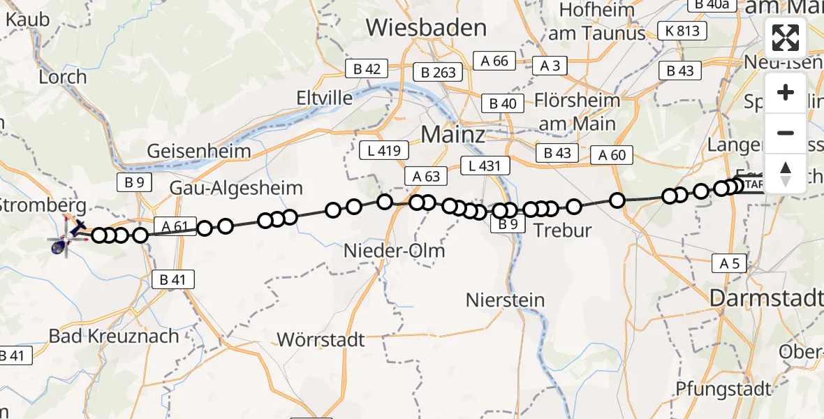 Flugroute Polizeihubschrauber Frankfurt-Egelsbach Airport - Waldlaubersheim, 14 März 2026, 07:46