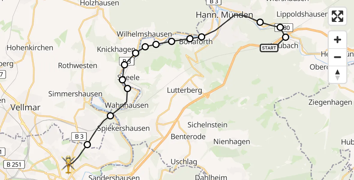 Flugroute Rettungshubschrauber Laubach - Kassel, 14 März 2026, 07:59