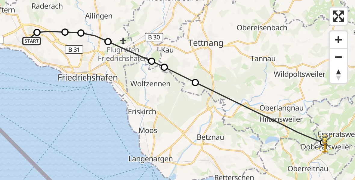 Flugroute Rettungshubschrauber Friedrichshafen Hospital - Doberatsweiler, 14 März 2026, 08:24