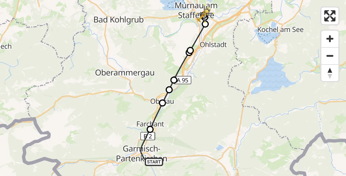 Flugroute Rettungshubschrauber Garmisch-Partenkirchen - Murnau Accident Hospital, 14 März 2026, 08:28