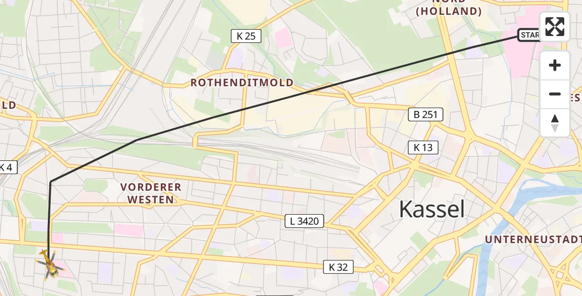 Flugroute Rettungshubschrauber Kassel - Kassel, 14 März 2026, 08:45