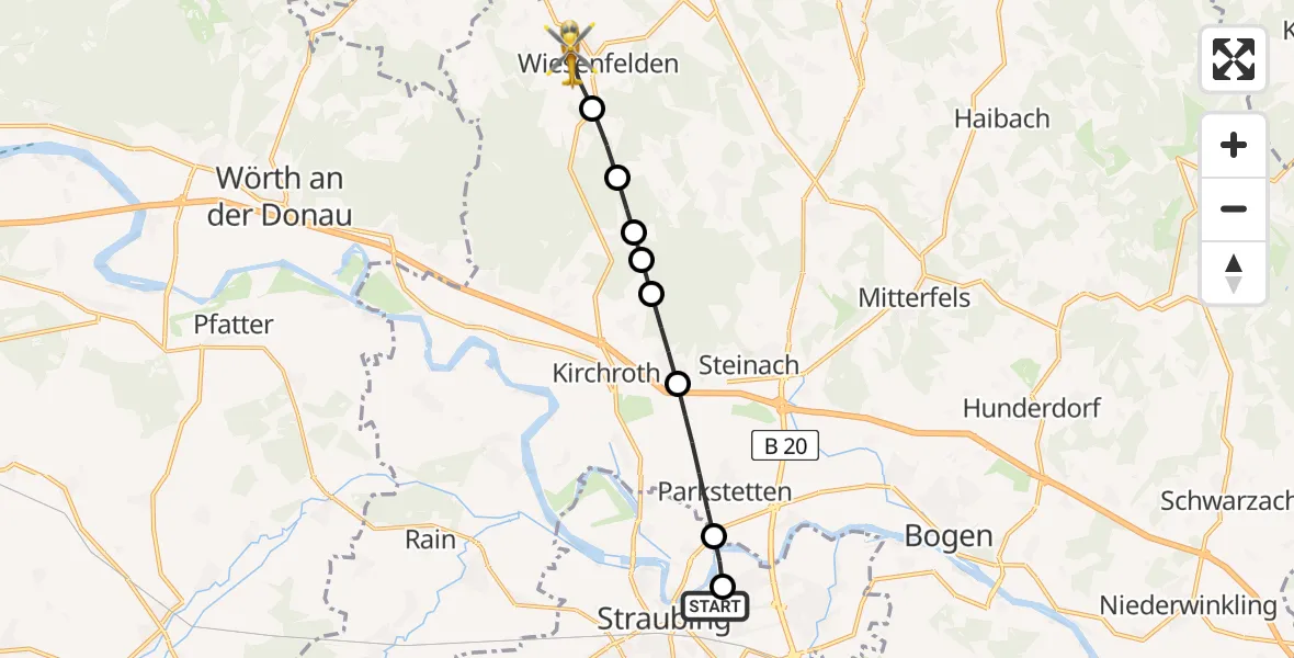 Flugroute Rettungshubschrauber Sankt Elisabeth Hospital Straubing - Bogenroith, 14 März 2026, 08:51