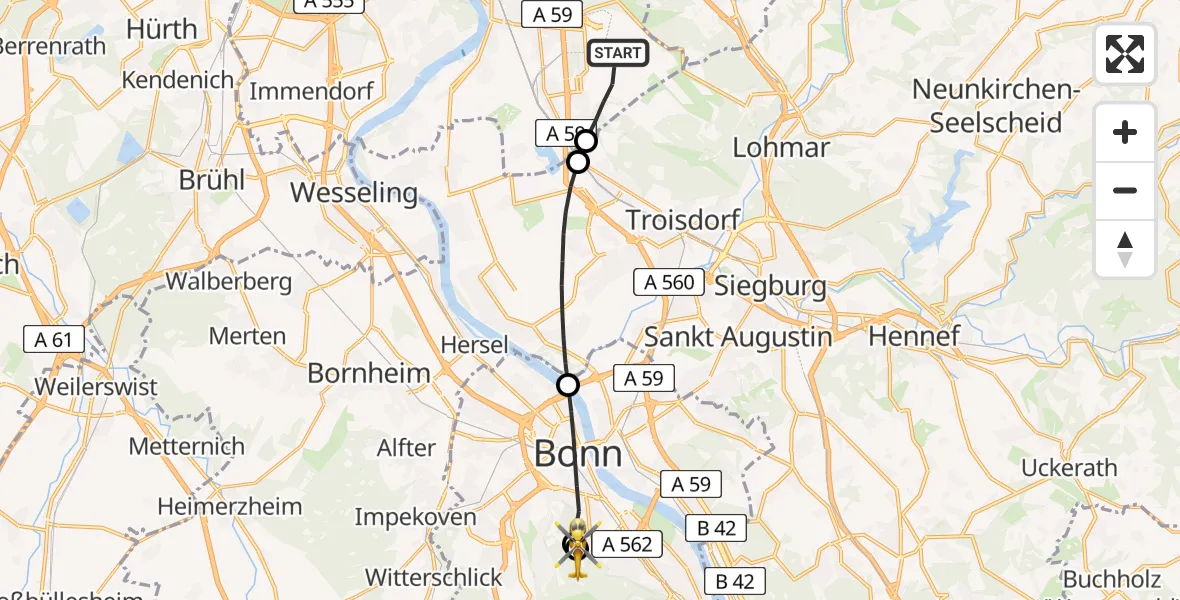 Flugroute Ambulanzhubschrauber Cologne Bonn Airport - Bonn University Hospital, 14 März 2026, 08:54
