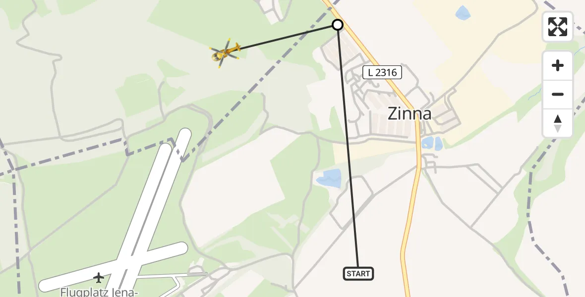 Flugroute Rettungshubschrauber Zinna - Rodigast, 14 März 2026, 08:58
