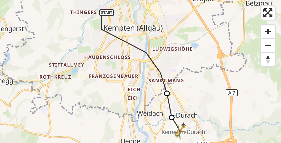 Flugroute Rettungshubschrauber Kempten (Allgäu) - Kempten-Durach Airfield, 14 März 2026, 08:59
