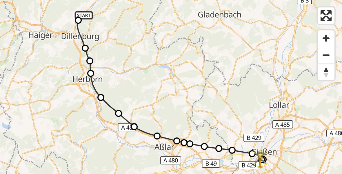 Routekaart van de vlucht: Rettungshubschrauber nach Gießen University Hospital