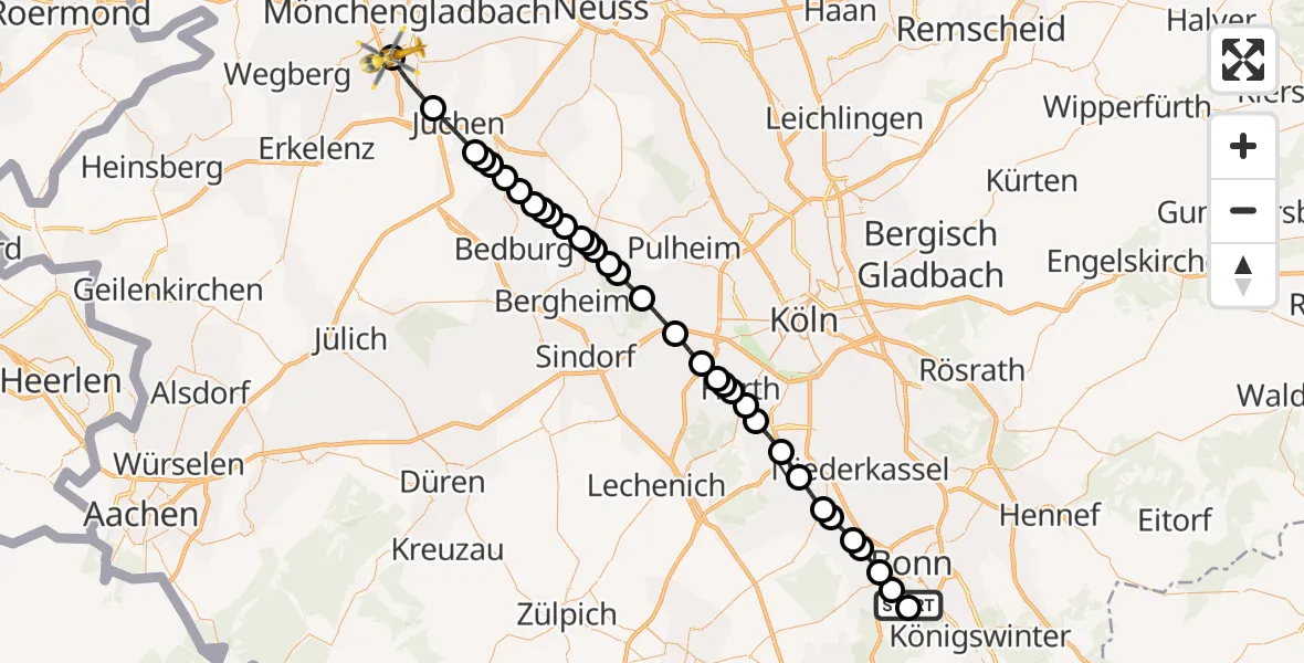 Flugroute Ambulanzhubschrauber Bonn University Hospital - Elisabeth Hospital Rheydt, 14 März 2026, 09:20