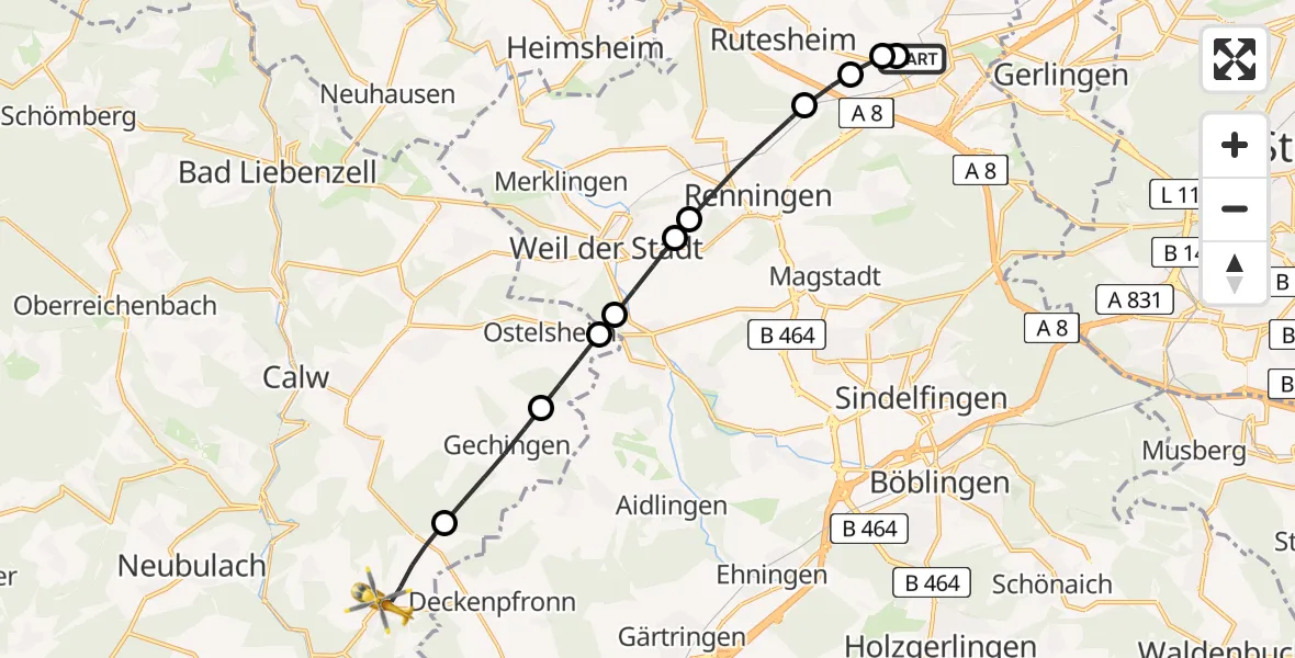 Flugroute Rettungshubschrauber Leonberg Hospital - Gültlingen, 14 März 2026, 09:20